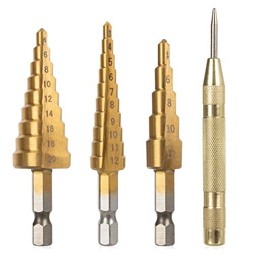 MIMIVIVA Step Drill Bit 4Pcs Set High-Speed Steel Step Drill Bit Set with Automatic Spring Loaded Center Punch Power Tools with Titanium Coated MIMIVIVA Step Drill Bit 4Pcs Set High-Speed Steel Step Drill Bit Set with Automatic Spring Loaded Center Punch Power Tools with Titanium Coated